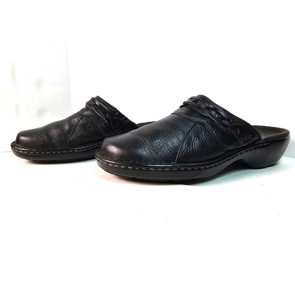 Clarks Black Leather Mules Braided Strap Clogs 83641 Womens 9.5M